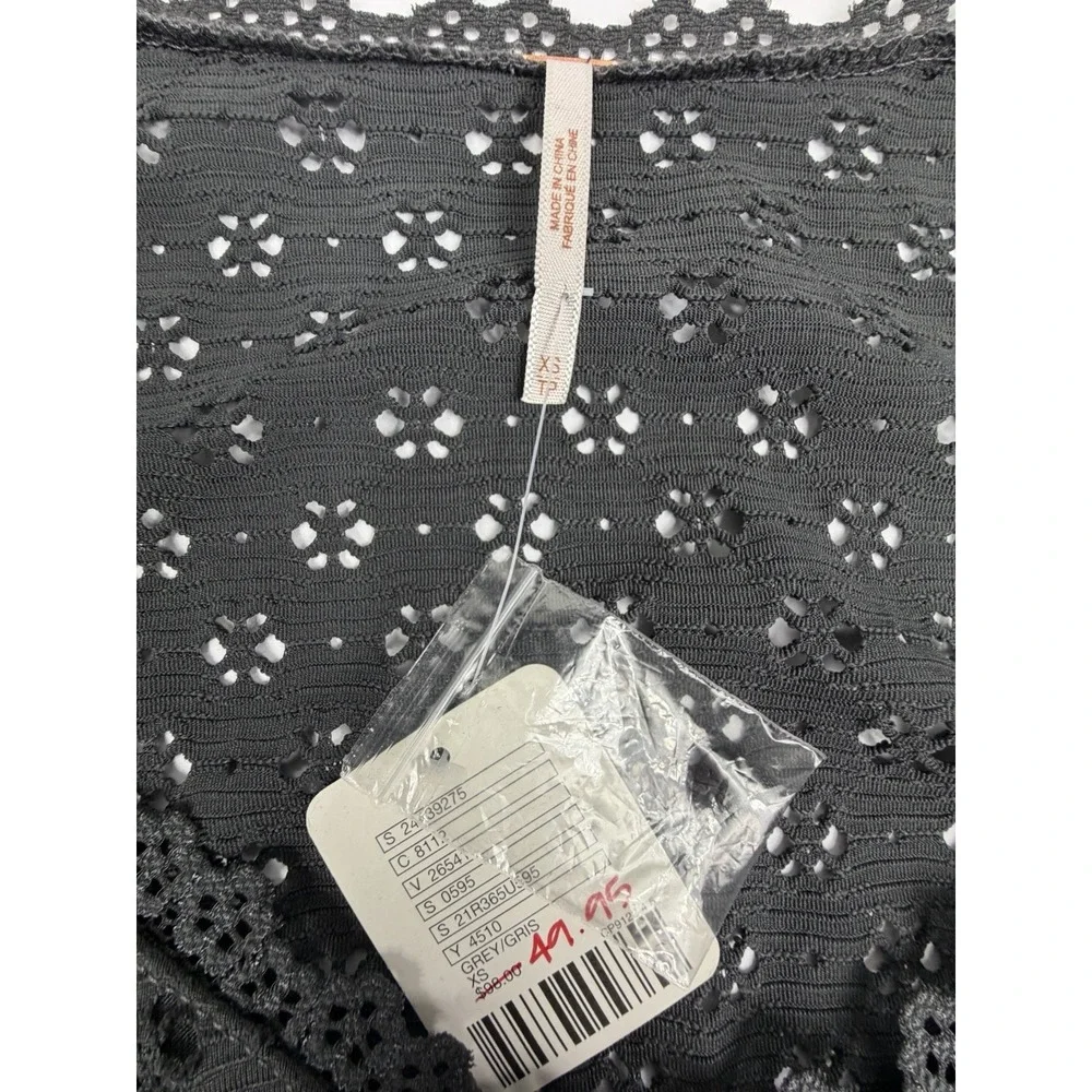 Free People Eyelet Lace Button Front Crop Top Gray Size XS Bell Sleeve Boho